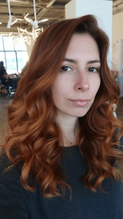 Copper balayage waves with penny-toned shine
