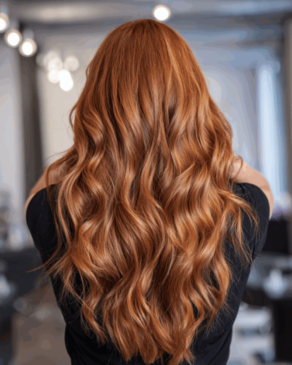 Wavy hair with bright copper balayage highlights catching light