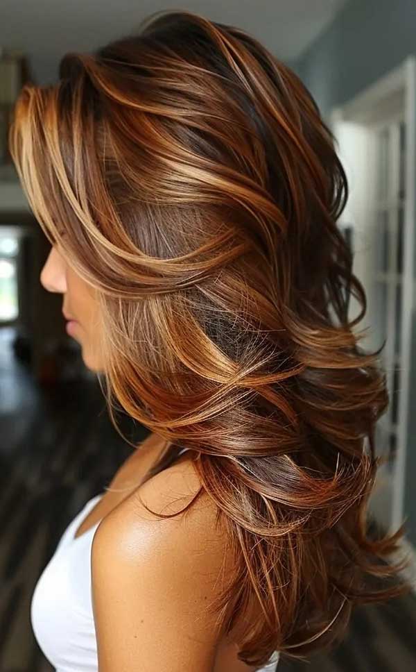 Copper balayage painted over warm brown hair