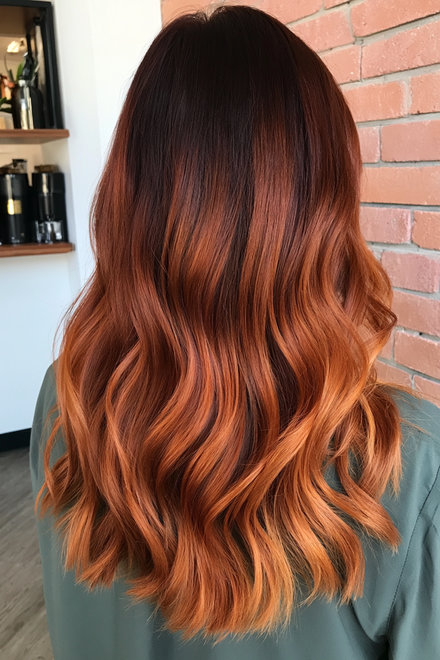 Dark auburn roots melting into copper balayage waves