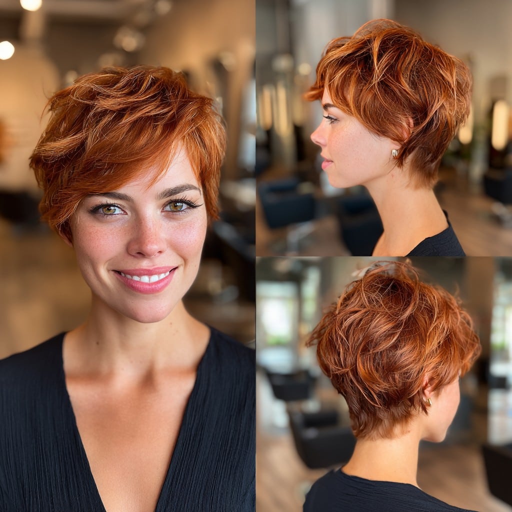 Copper red pixie haircut with side-swept fringe