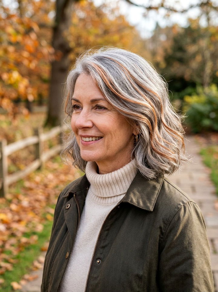 Copper highlights blended with gray hair