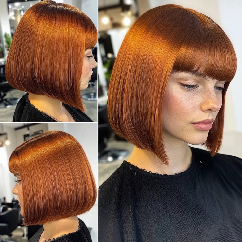 Copper auburn bob with curtain bangs