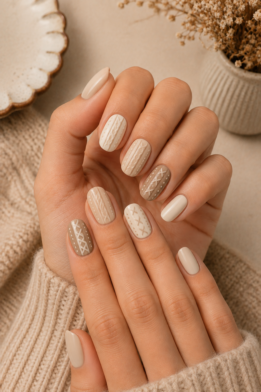 Cable knit sweater texture nail art