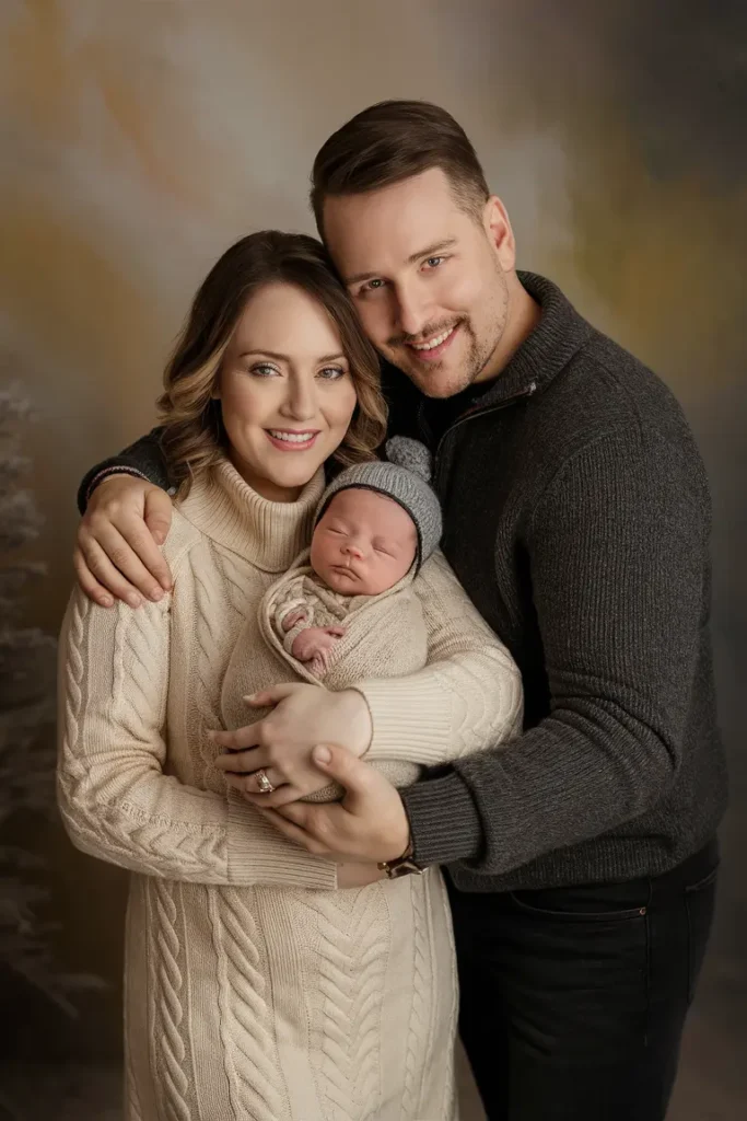 Family with baby in cozy neutral winter outfits
