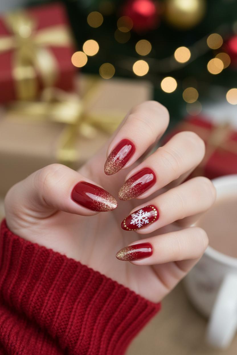 Almond nails with a red to gold glitter gradient