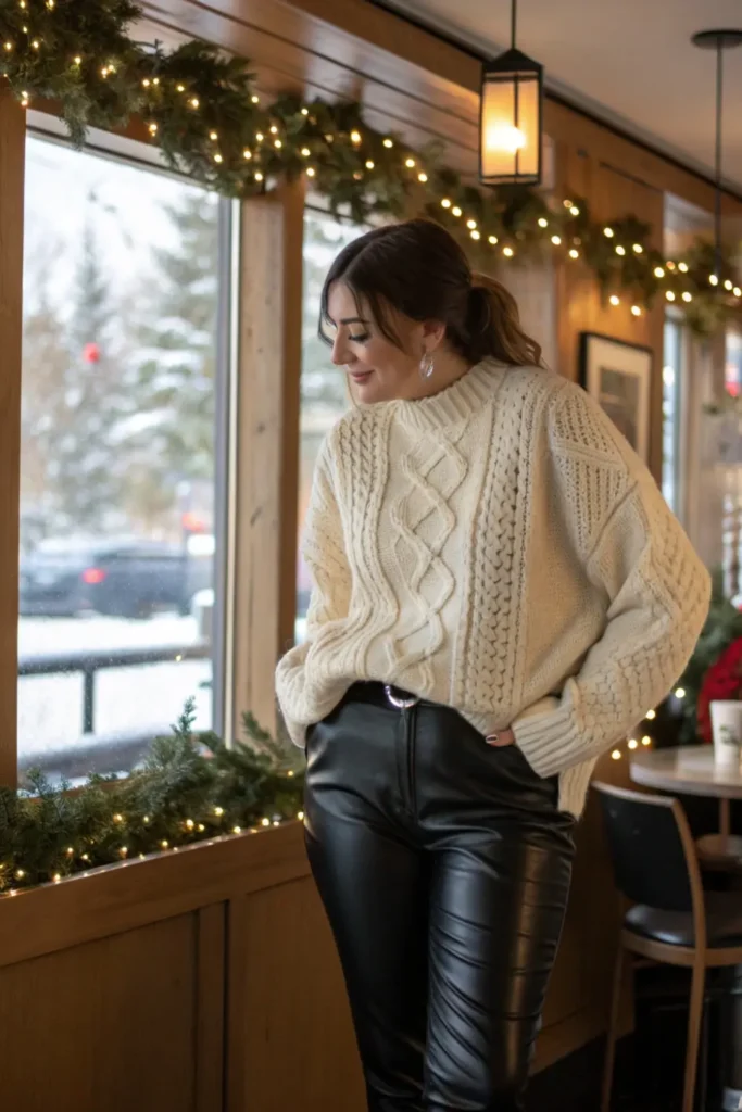 Woman wearing a cream cable-knit sweater and black leather pants in a cafe decorated with Christmas garlands
