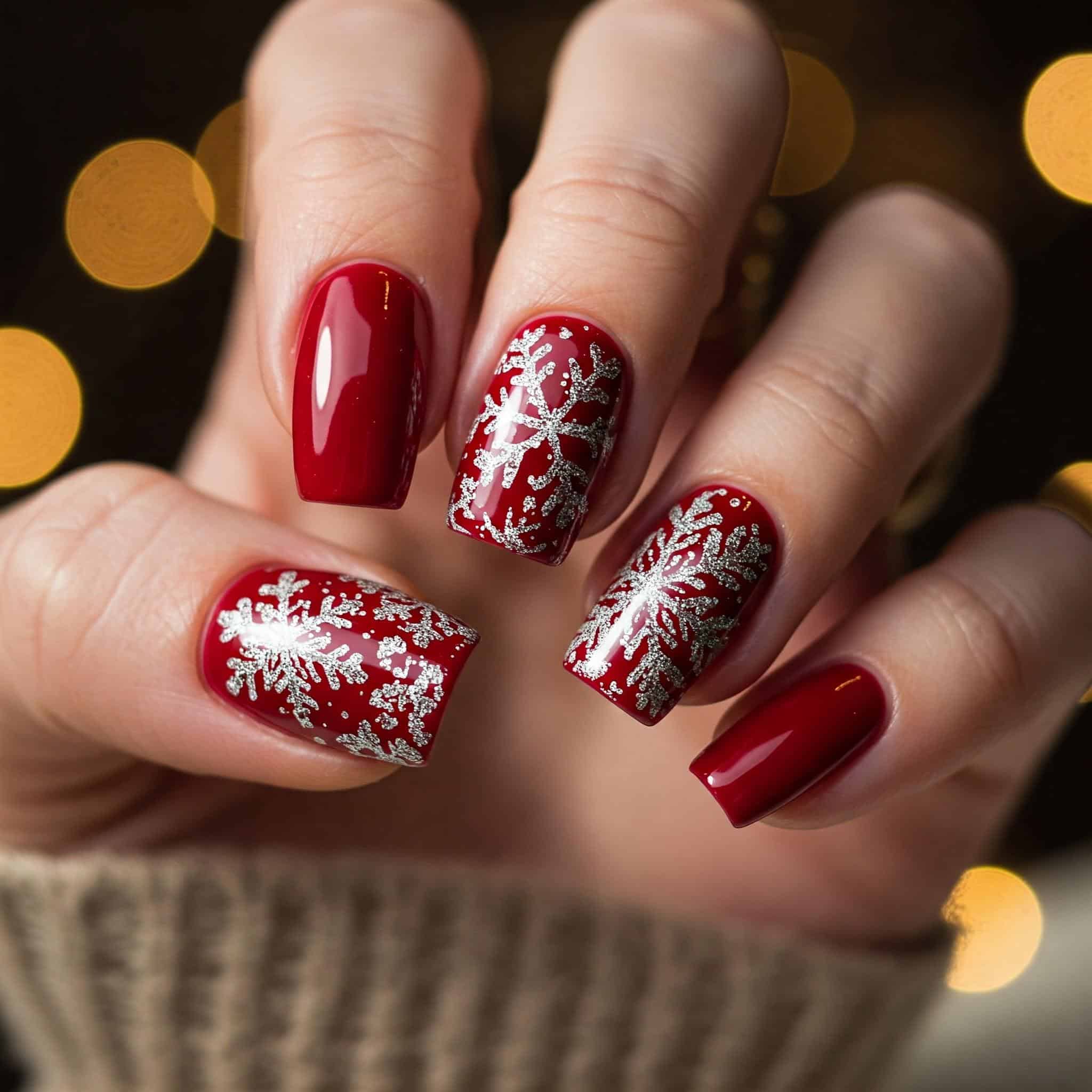 Cranberry red nails with silver foil accents