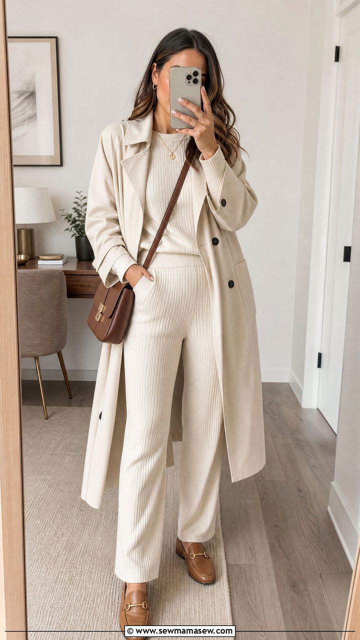 Woman wearing an oatmeal ribbed knit top and matching trousers under a cream coat