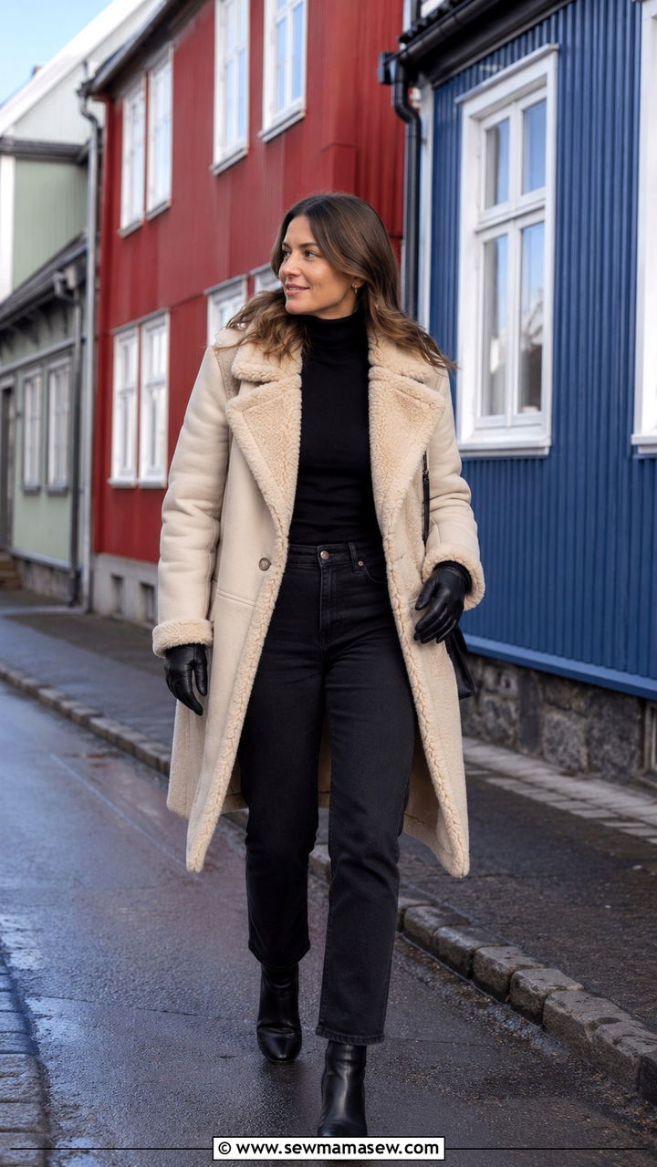 Woman wearing a cream shearling coat with a black turtleneck and jeans
