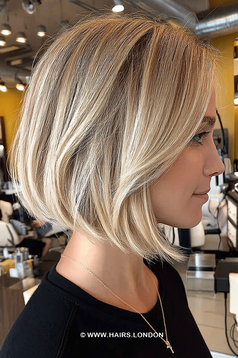 Creamy beige bronde bob with a middle part