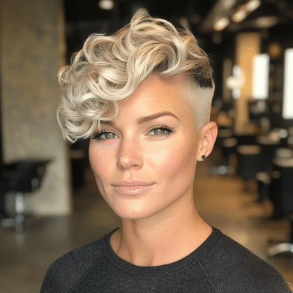 Platinum blonde curly pixie cut