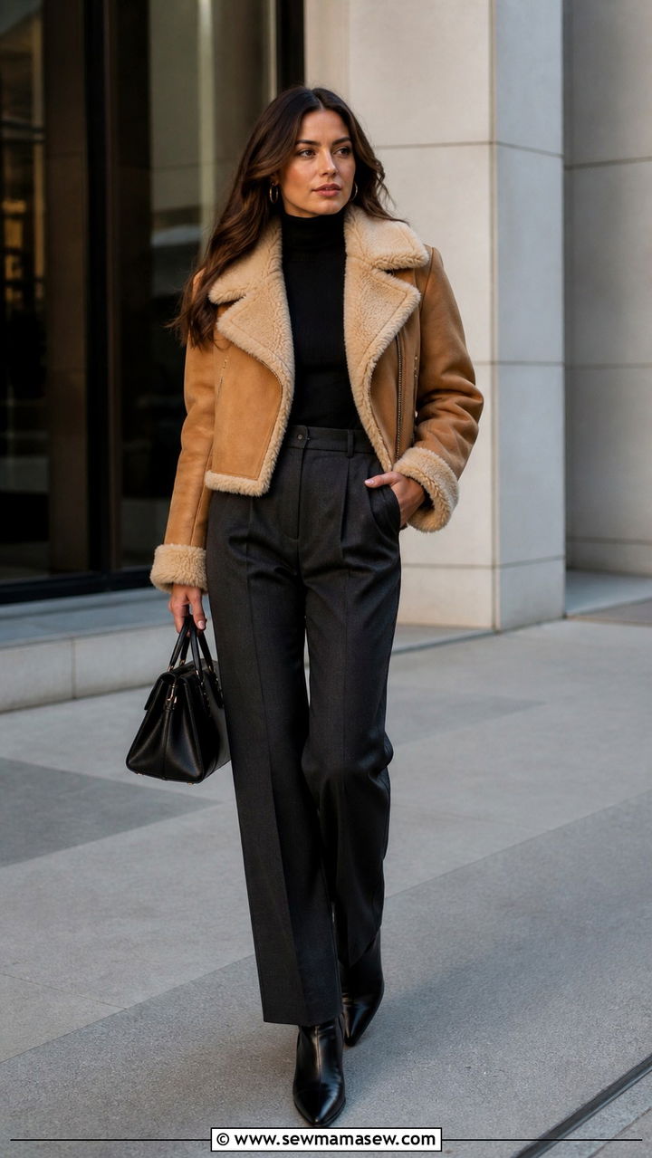 Woman wearing a cropped shearling jacket with high-waisted trousers and boots