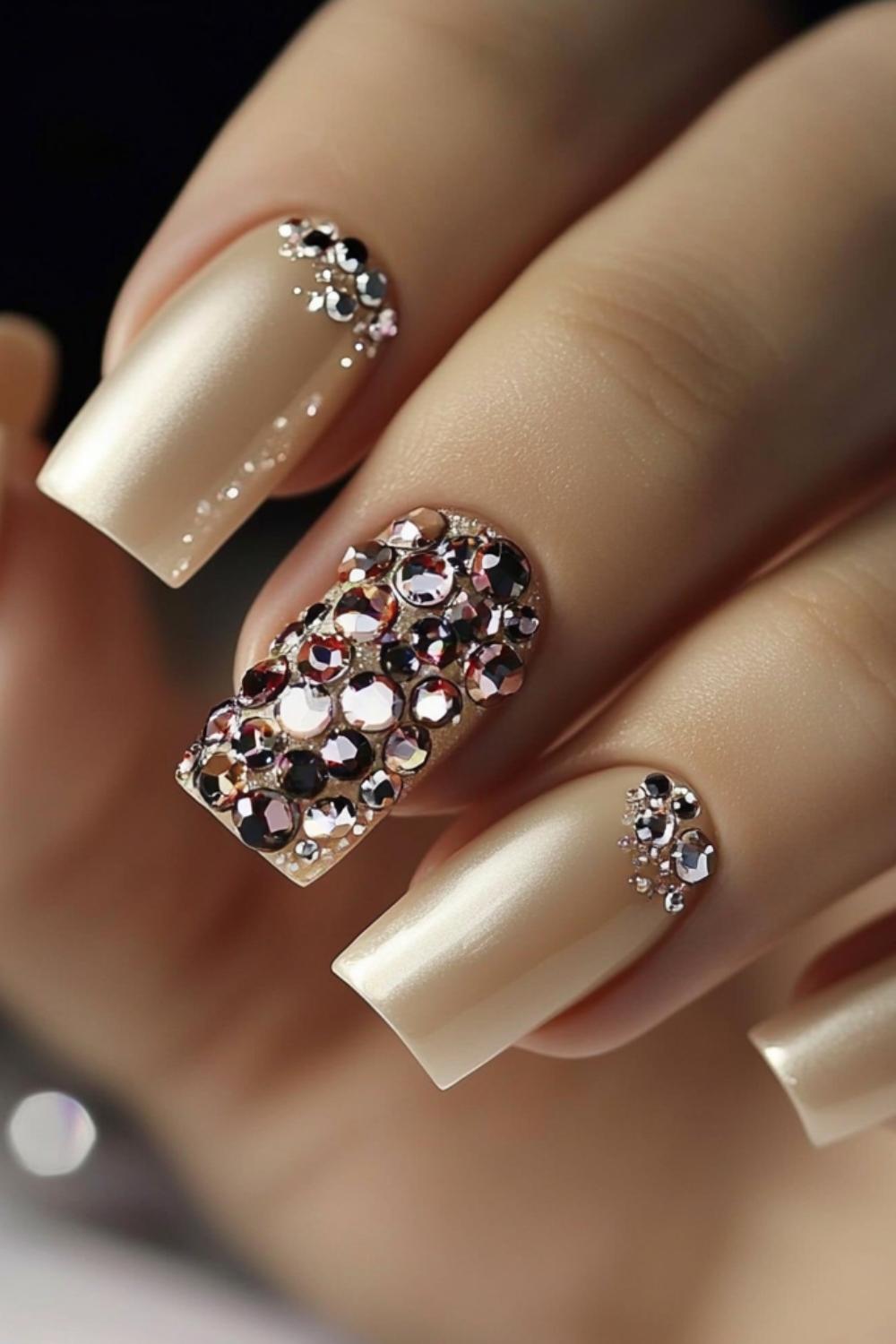 Medium square nails in champagne nude with one nail fully covered in mixed rhinestones and crystal clusters at cuticles