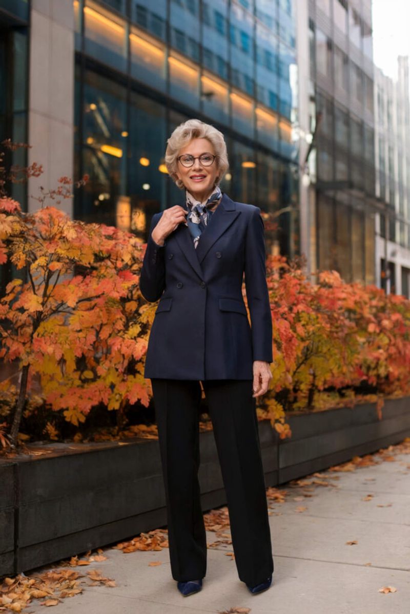 Mature woman in a belted blazer with a scarf, styled signature look