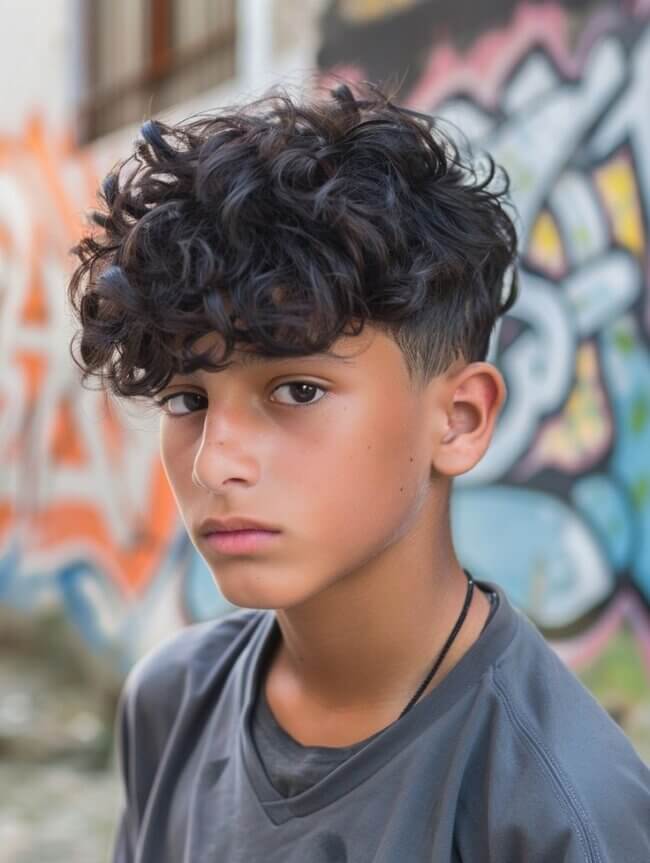 Boy with a longer curly fringe and tapered sides