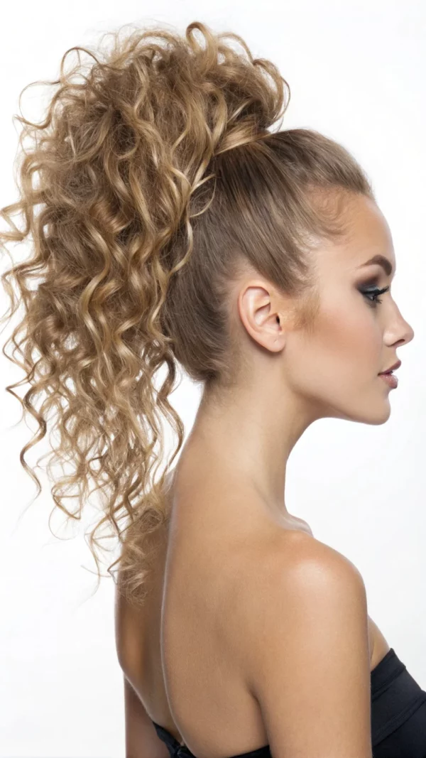 Golden brown curls piled into a high voluminous ponytail