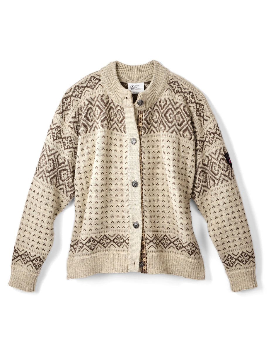 Cream and brown Nordic-patterned knit cardigan with buttons on a white background