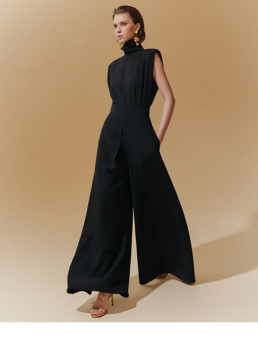 Black high-neck sleeveless wide-leg jumpsuit