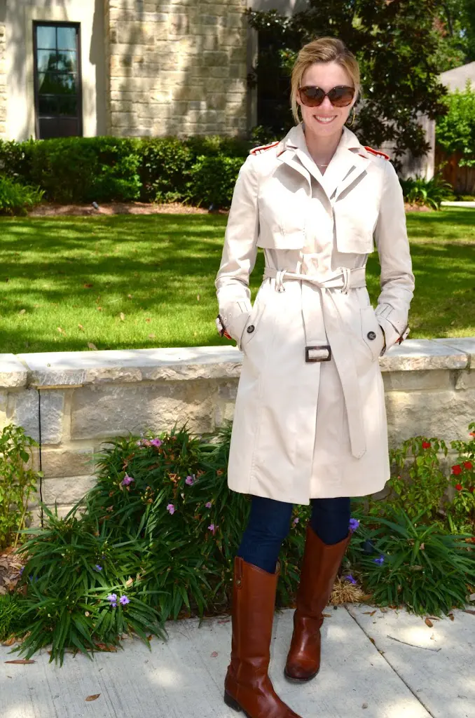 woman in beige trench coat, dark skinny jeans and cognac knee-high riding boots
