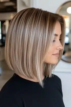 Shoulder-length dark blonde balayage lob