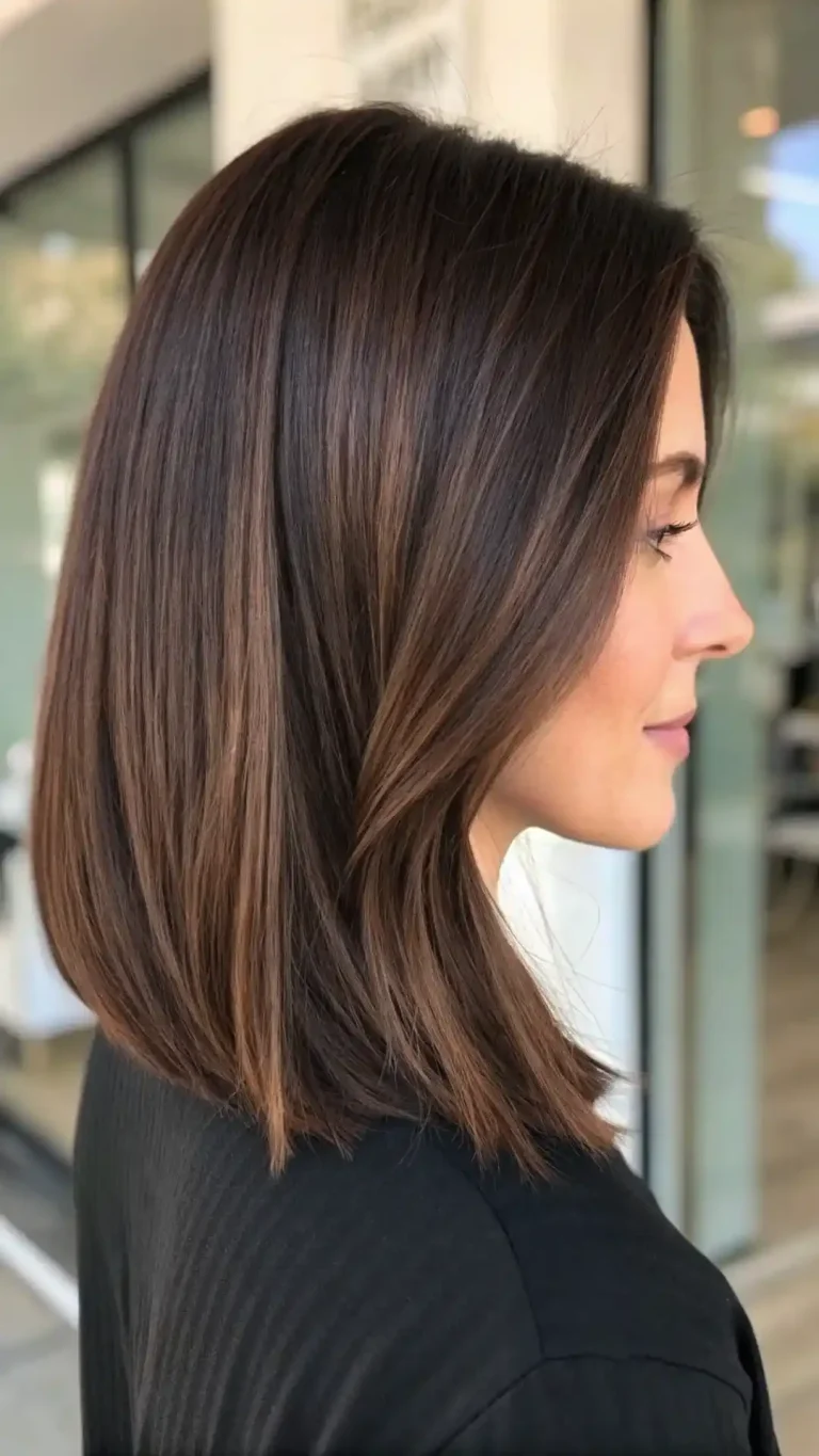 Rich chocolate brown hair with subtle warm lowlights