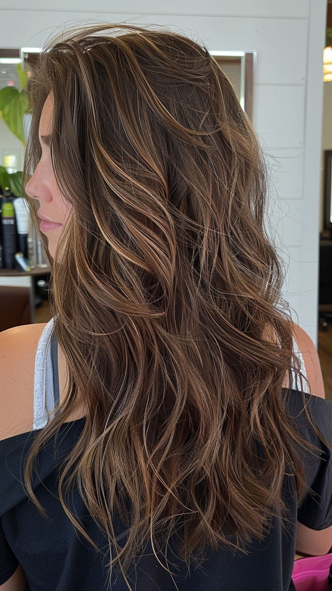 Long wavy brown hair with caramel highlights