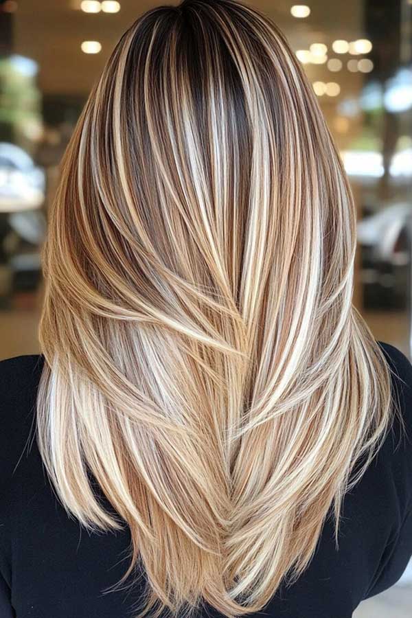 Back view of dark brown long hair with blonde balayage highlights and dark roots