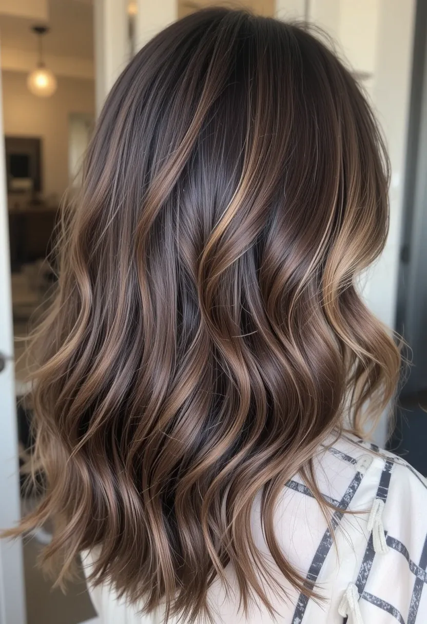 Dark mocha hair with caramel ribbon highlights