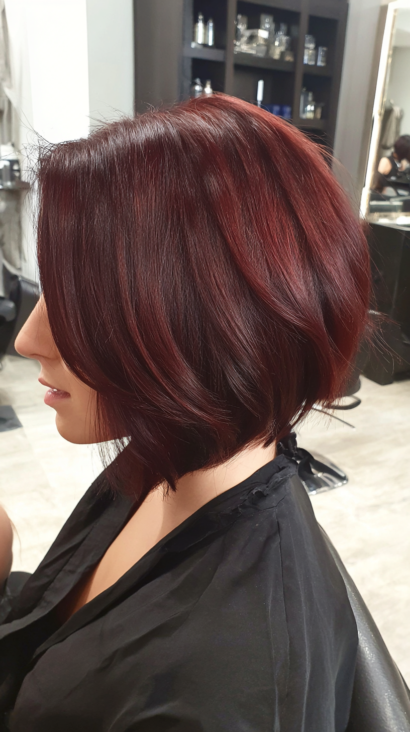 Wine-burgundy bob haircut photographed in a salon