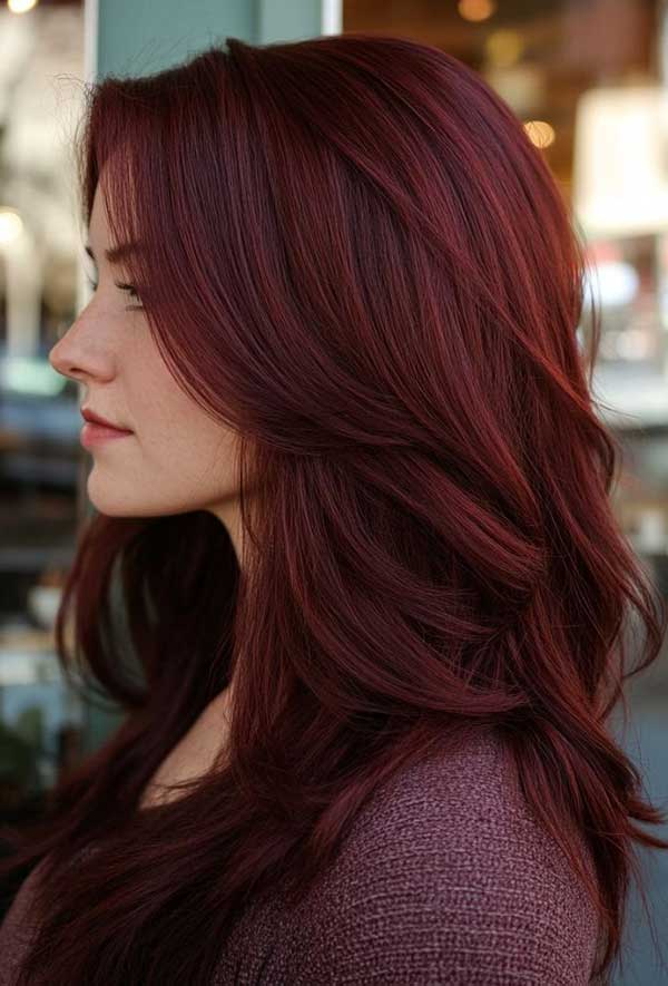 Smoky auburn hair with burgundy depth