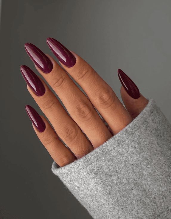 Glossy deep burgundy almond nails with no nail art