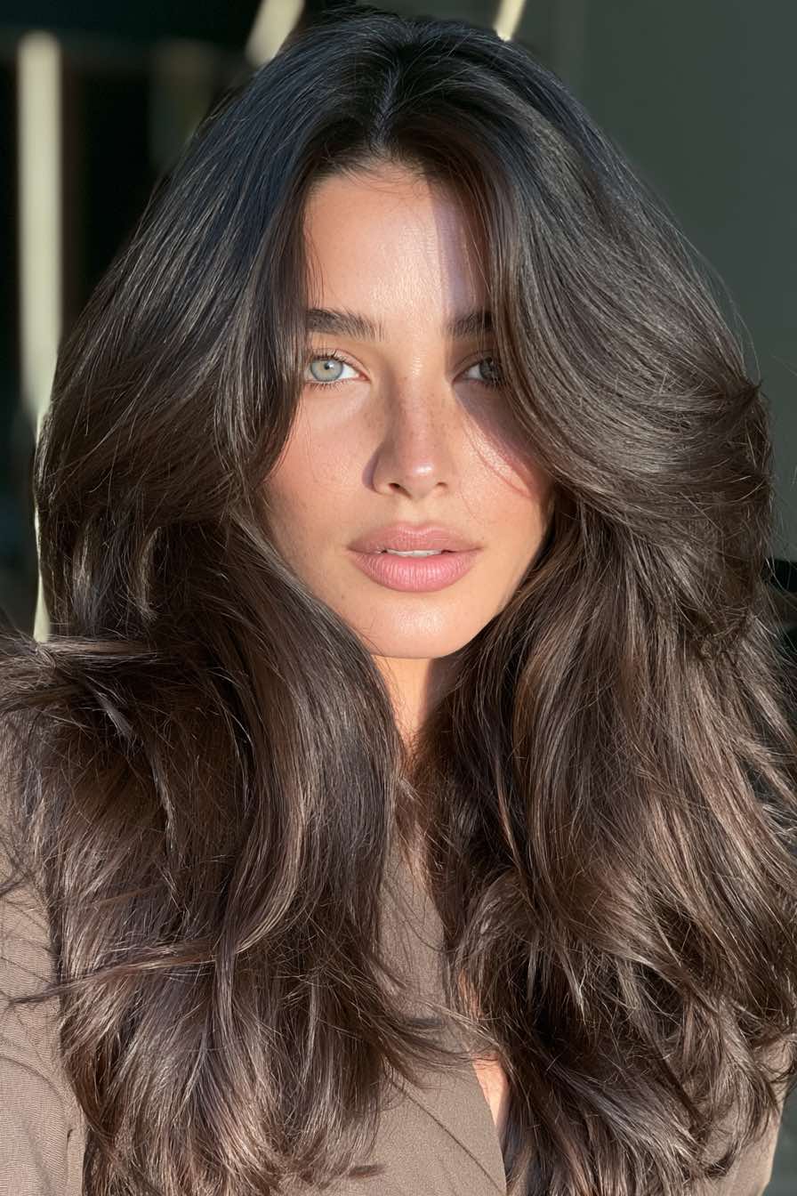 Woman with glossy dark chocolate brown hair