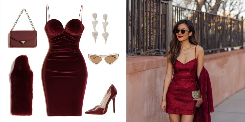 Collage of a burgundy velvet date-night dress flat lay with handbag, fur stole, sunglasses and heels, and a model wearing a burgundy lace mini dress