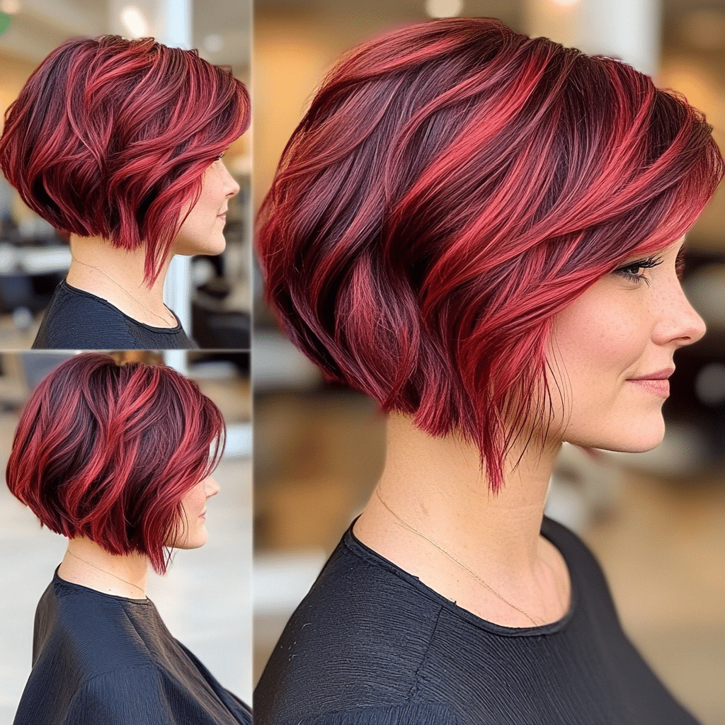 Vivid cherry red wavy choppy bob