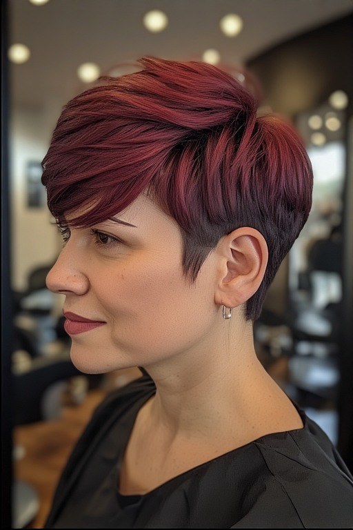Cherry red pixie haircut with undercut sides