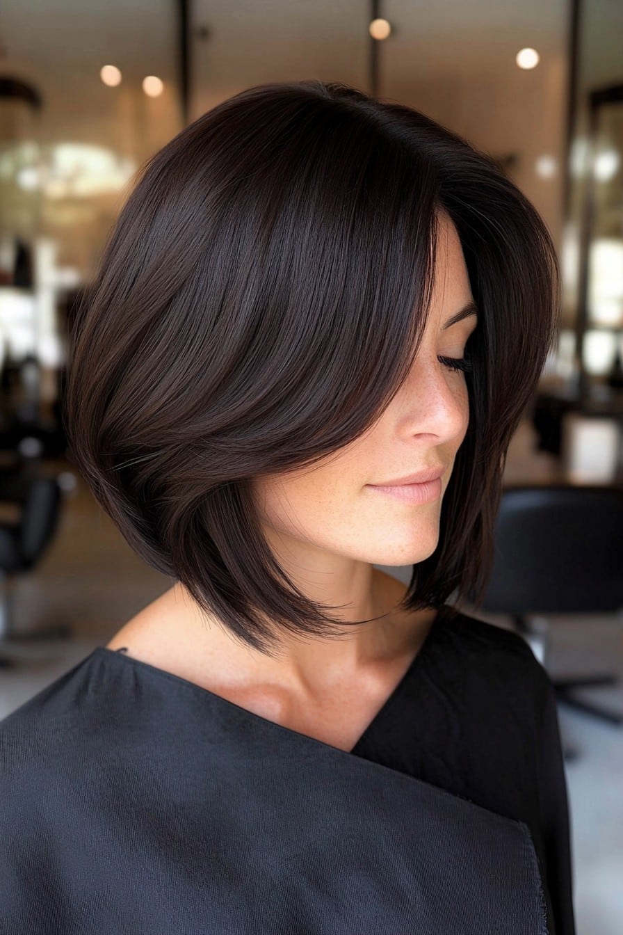 Glossy dark brown bob with deep side part and soft layers