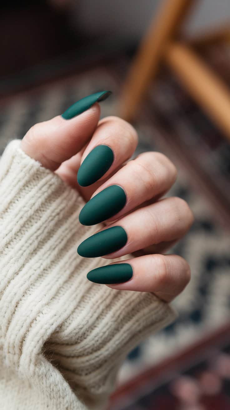 Matte forest green nails with glossy French tips