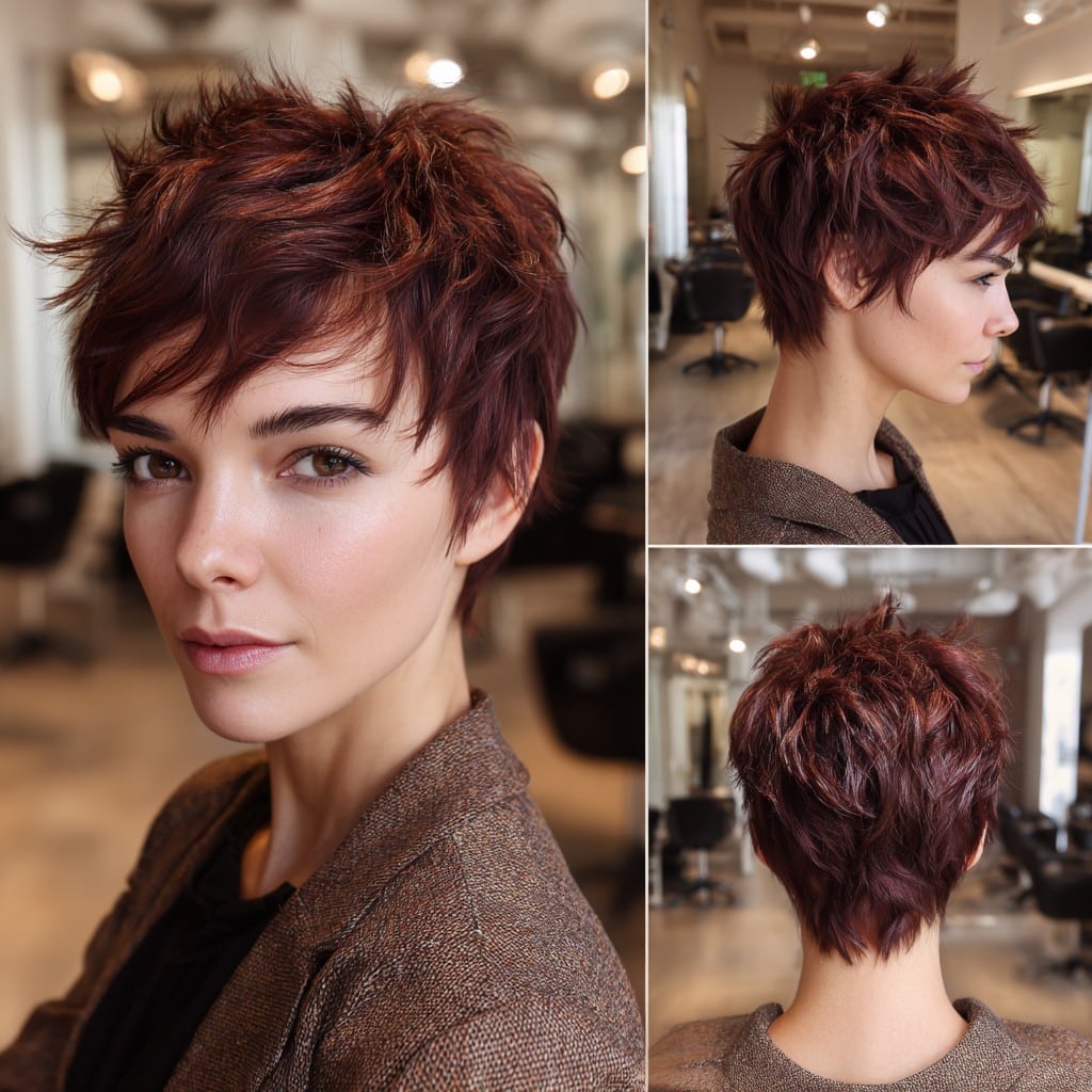 Deep mahogany pixie cut shown from three angles