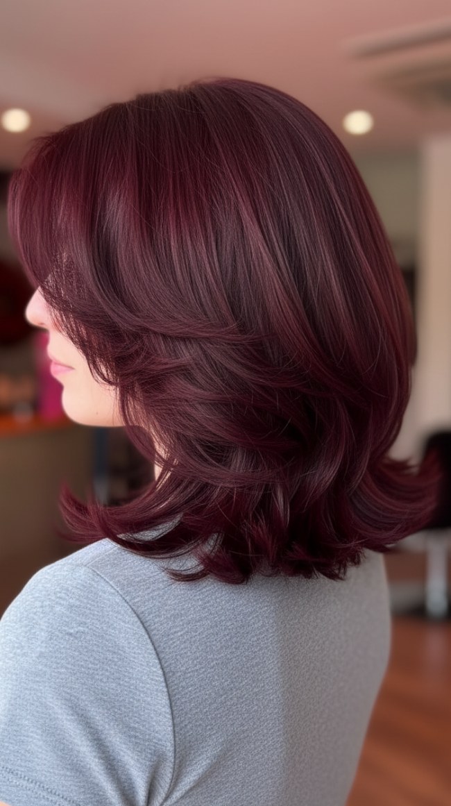 Layered lob haircut in deep plum burgundy