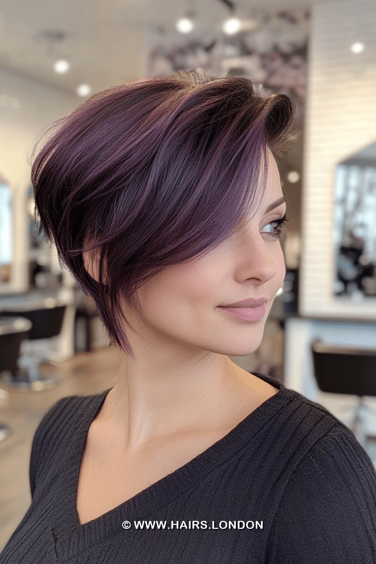 Deep plum purple pixie haircut