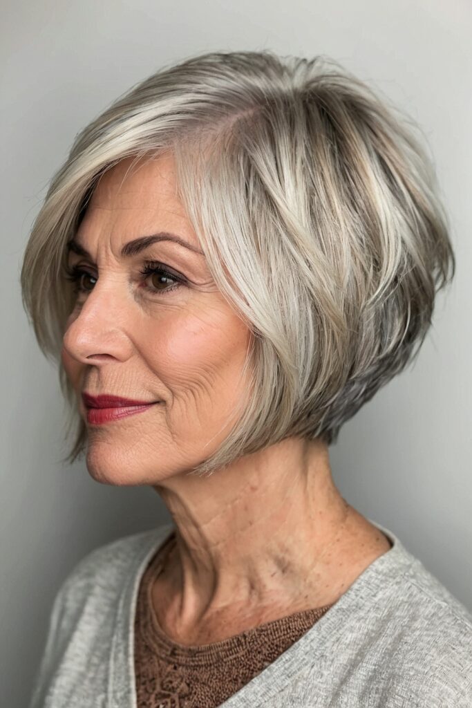 Stacked silver bob haircut on a mature woman