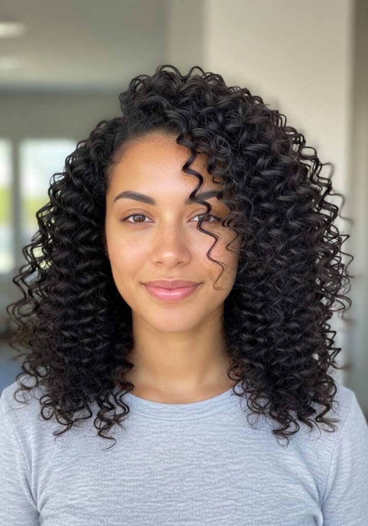 Long curly hair styled with a deep side part