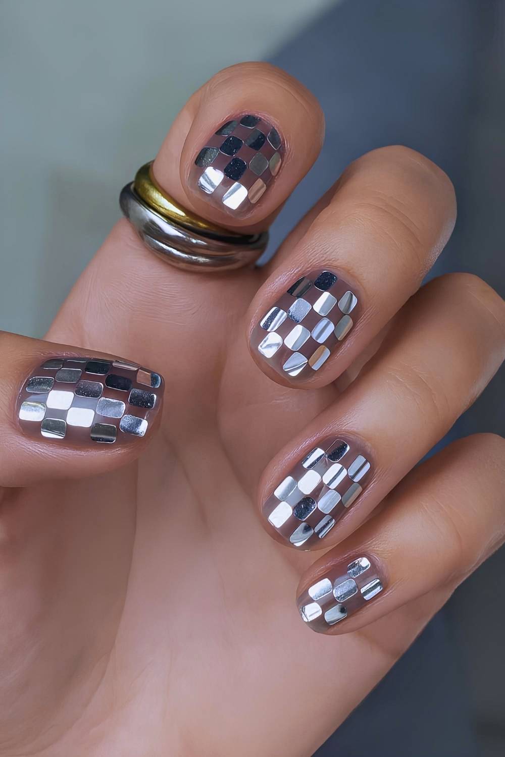 Short square nails covered in small silver mirror tiles in a disco ball pattern over a sheer base