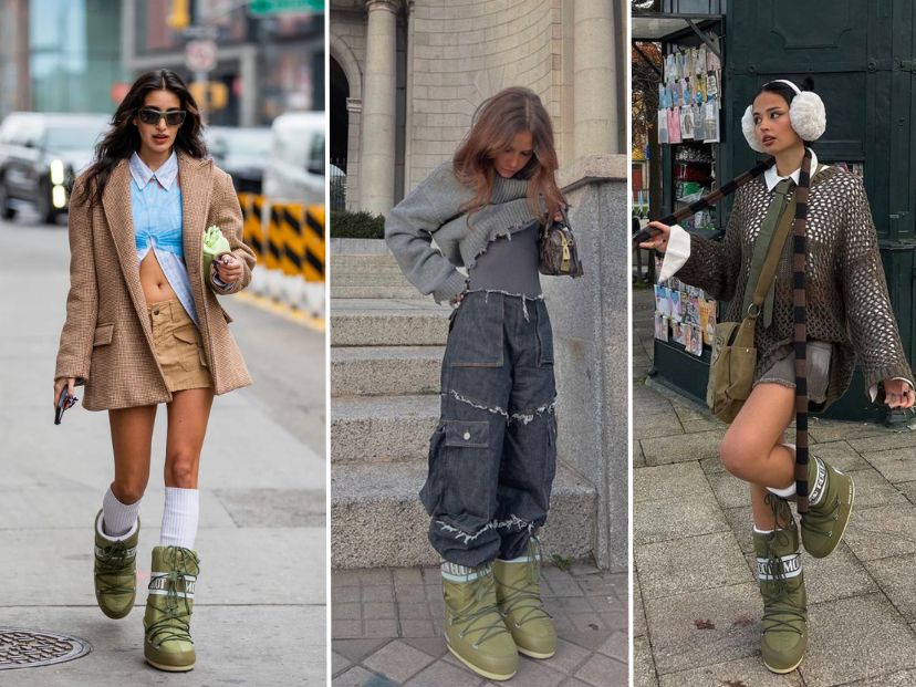 Street style looks pairing green moon boots with shorts and mini skirts