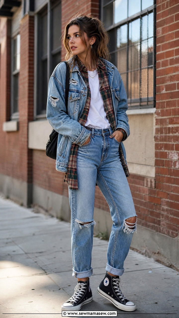 Woman in double denim with a flannel shirt and high-top sneakers