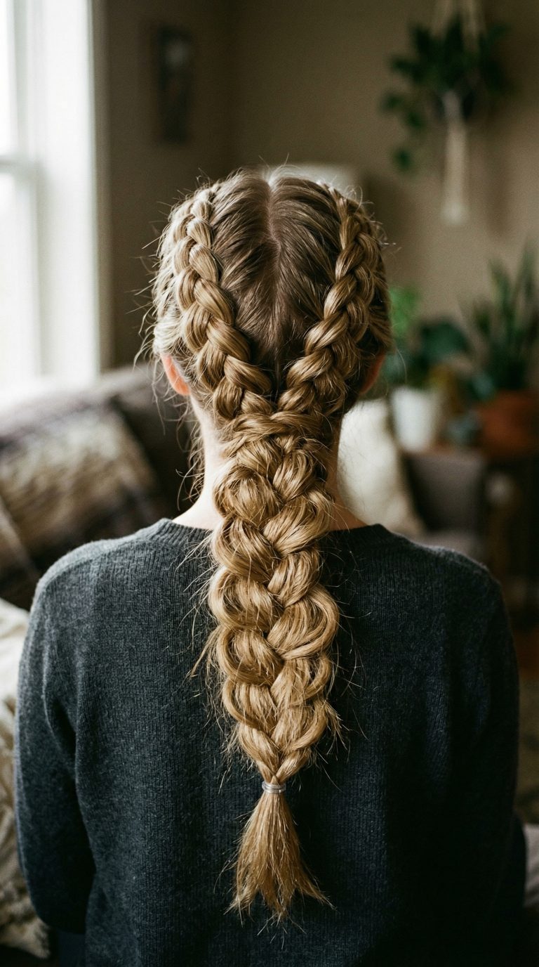 Twin dutch braids worn down the back with a full, pancaked texture