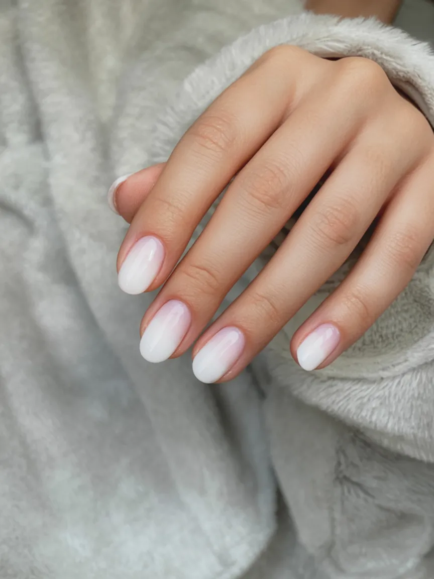 Oval nails with a sheer milky white gradient melting into the tips