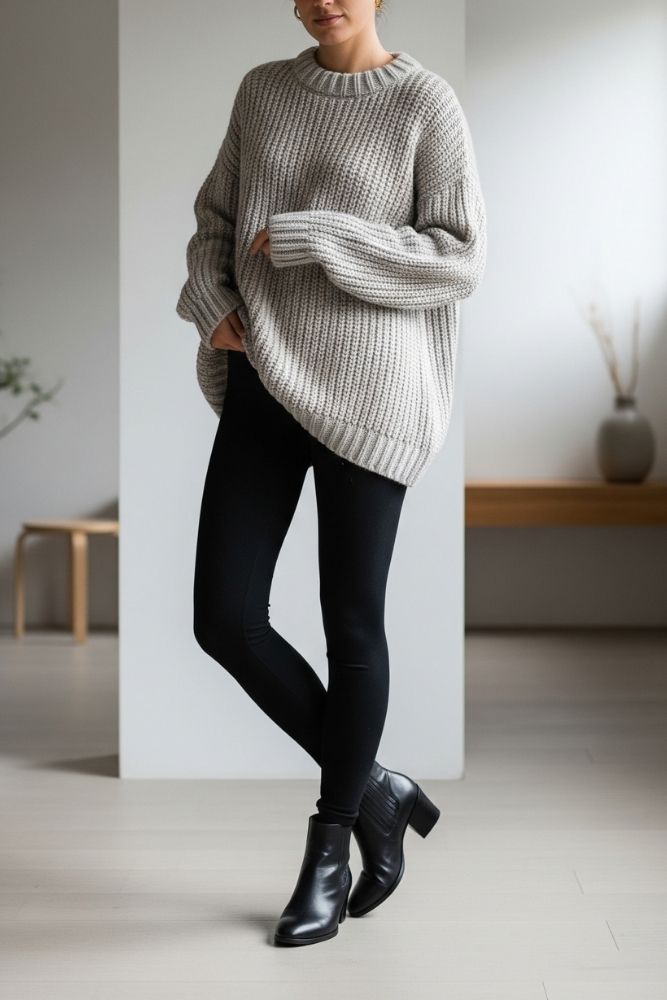 Woman wearing an oversized cream chunky-knit sweater, black leggings and black heeled ankle boots in a minimal room