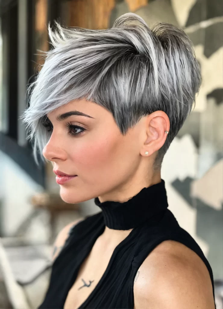 Edgy short gray pixie haircut with choppy textured bangs